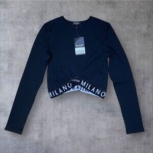 Milano Di Rouge Kris Cropped Top Women's Size Small Black Workout Gym Stretch